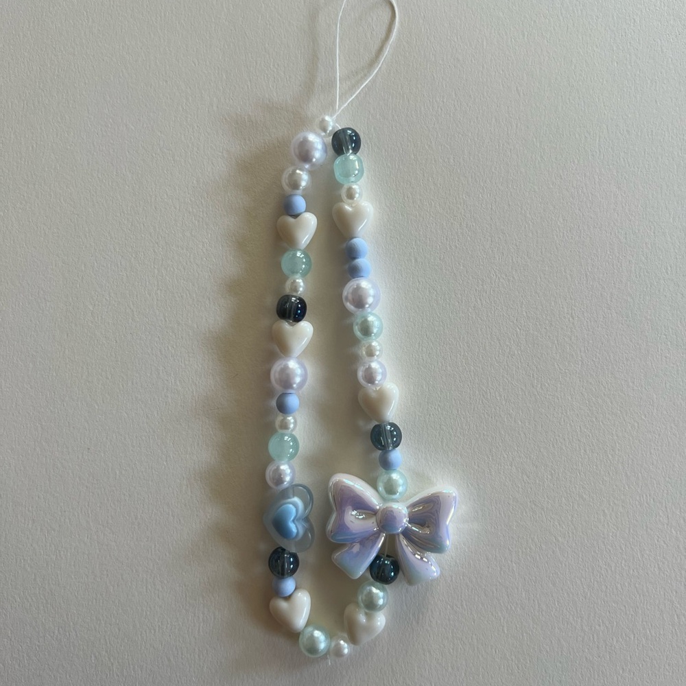 Blue Coquette Beaded Phone Charm- Blue and White, Heart and Bow